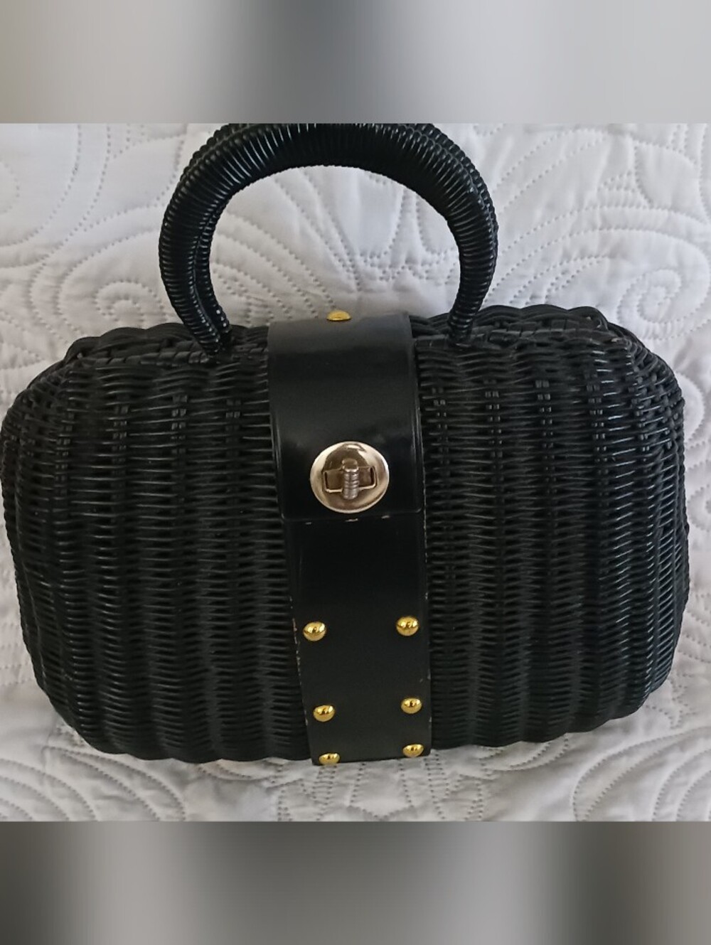 Vintage Black Olympic Woven Top-Handle Bag with Gold  Hardware 60s